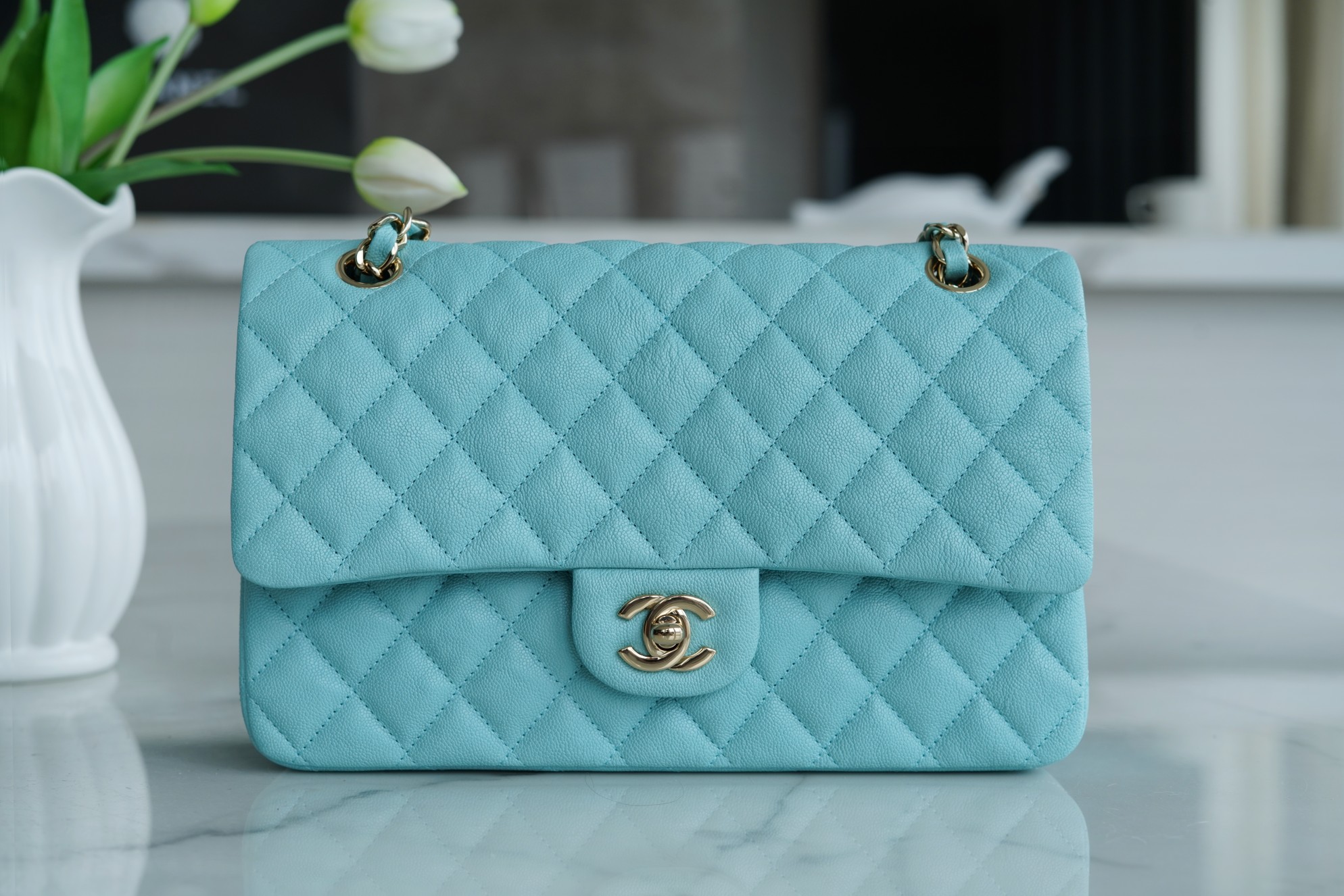 CF Classic Flap Tiffany Blue Washed Calfskin  