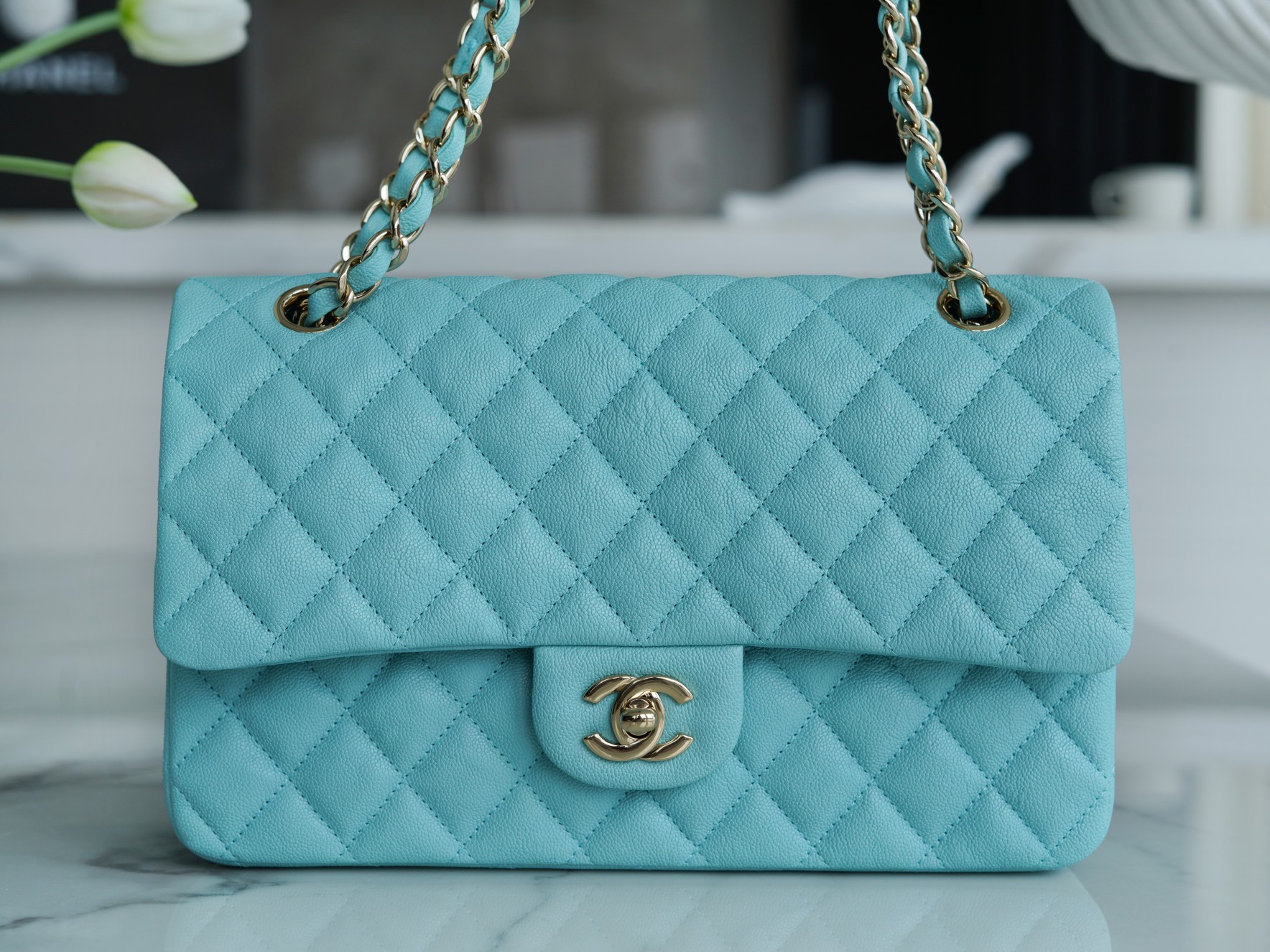 CF Classic Flap Tiffany Blue Washed Calfskin  