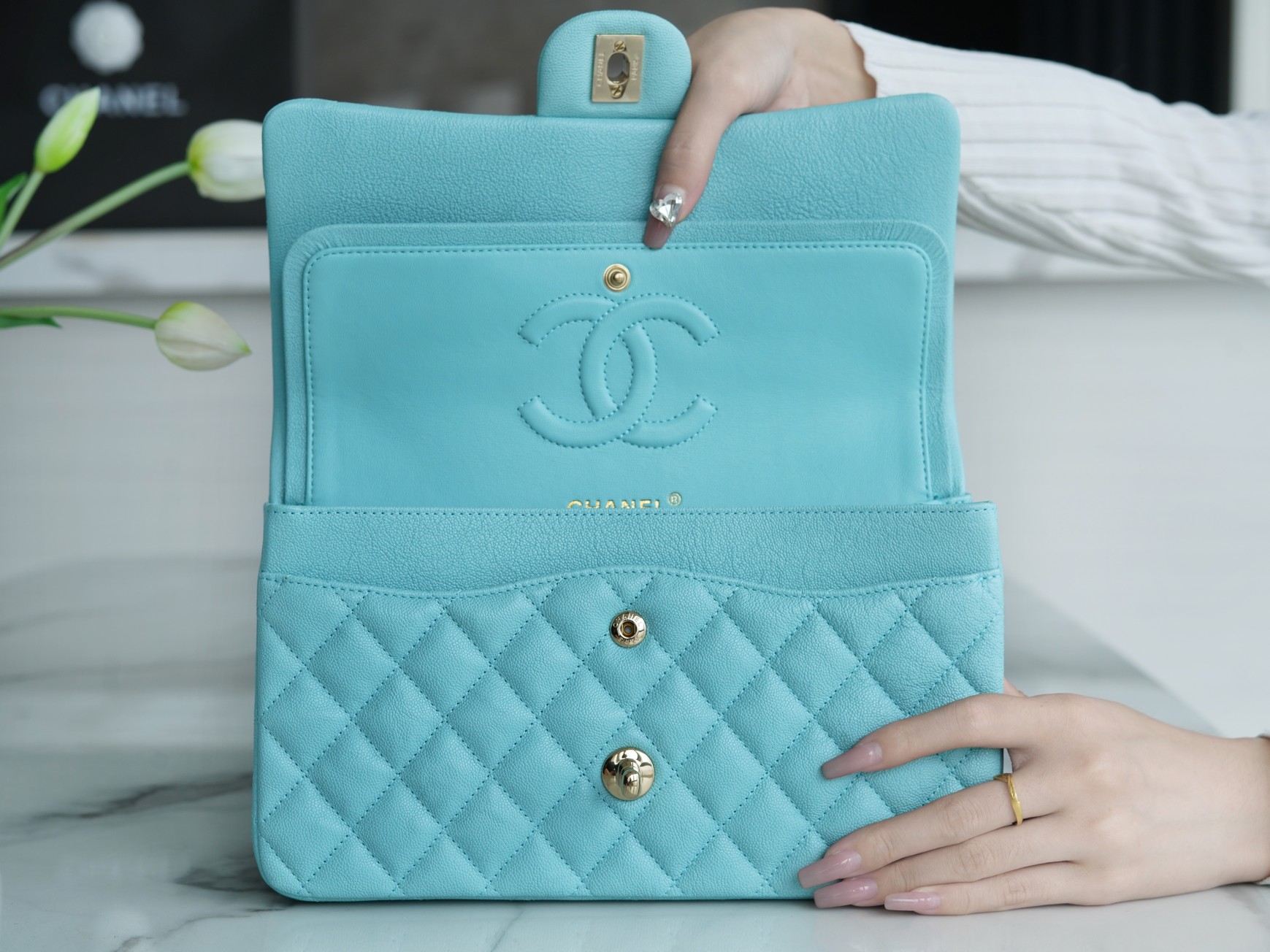 CF Classic Flap Tiffany Blue Washed Calfskin  