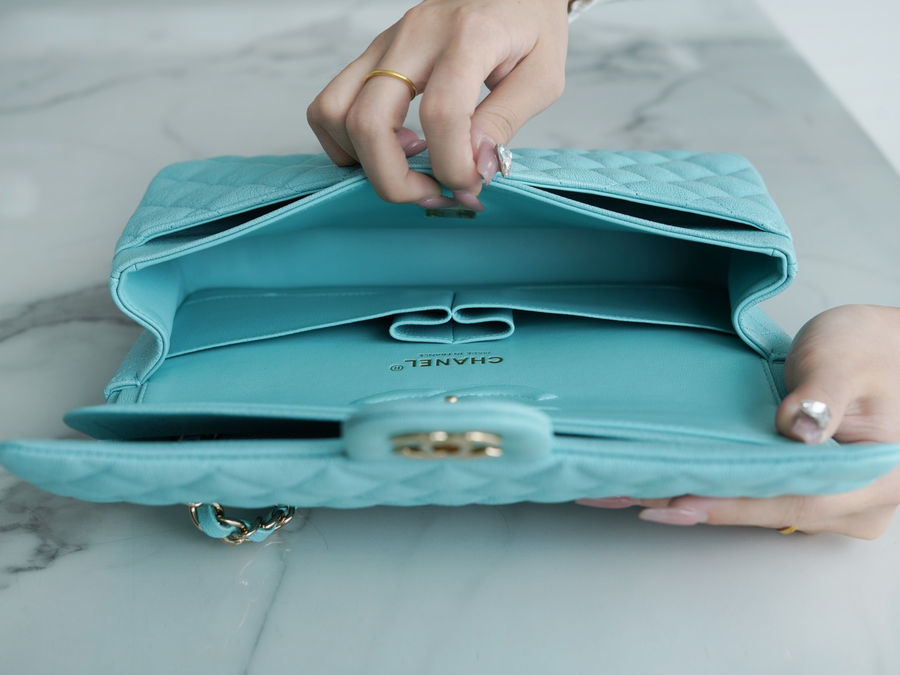 CF Classic Flap Tiffany Blue Washed Calfskin  