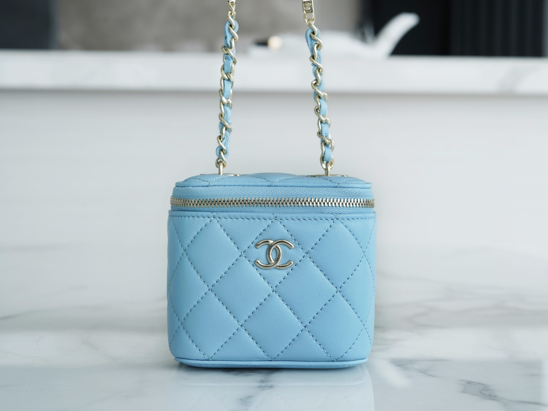 2022 Chanel Pearl Box Bag Light Blue Lambskin  