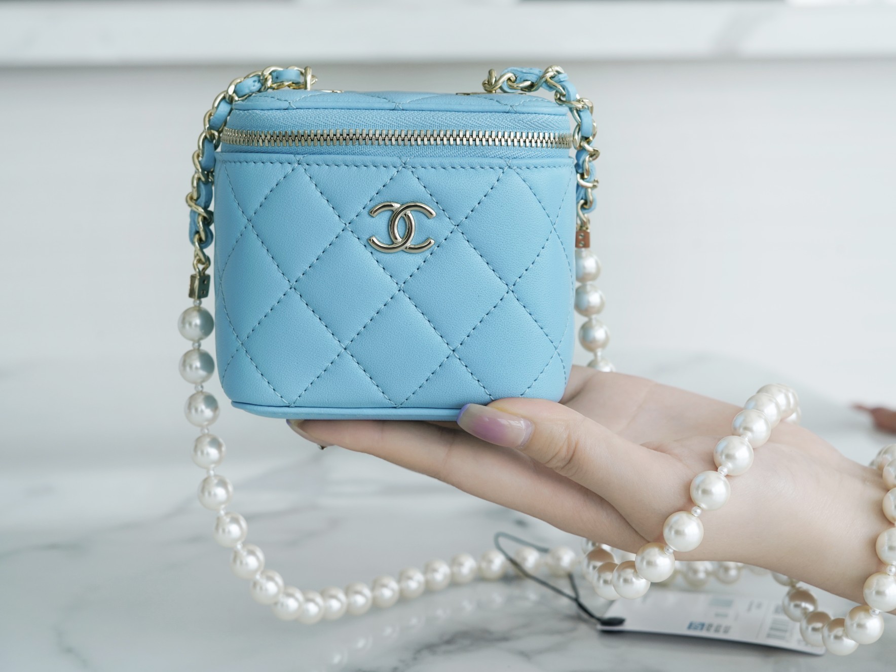 2022 Chanel Pearl Box Bag Light Blue Lambskin  