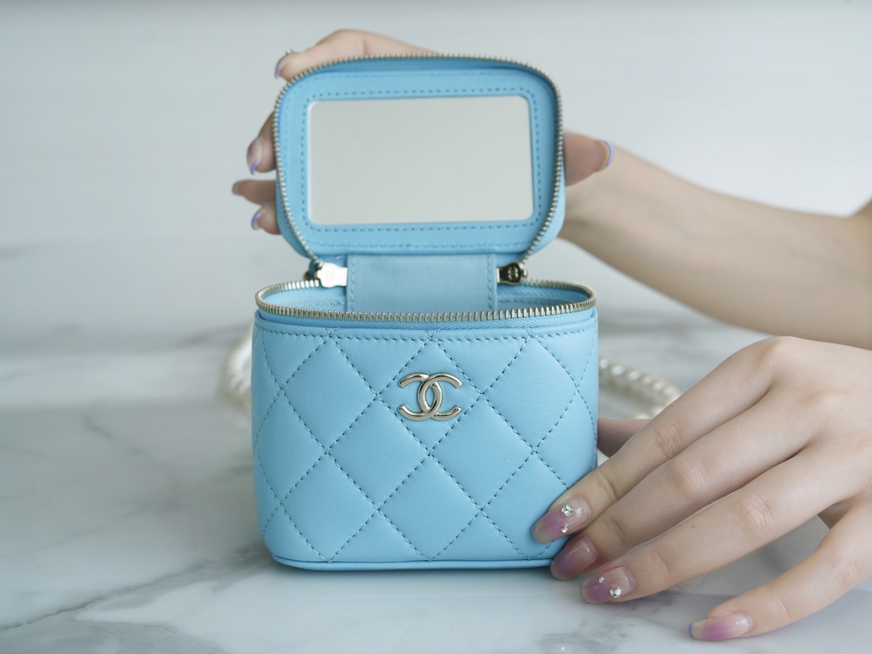 2022 Chanel Pearl Box Bag Light Blue Lambskin  