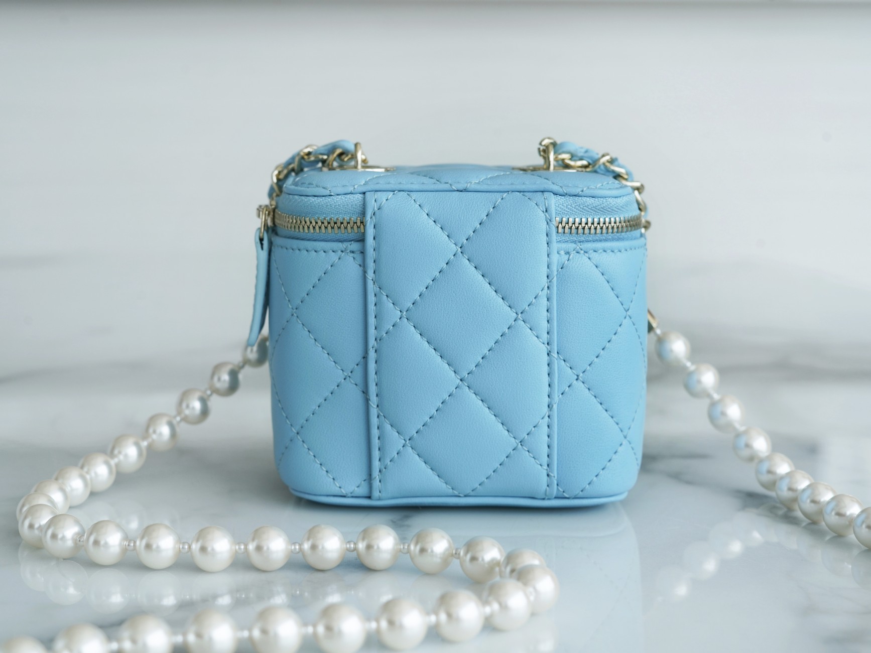 2022 Chanel Pearl Box Bag Light Blue Lambskin  