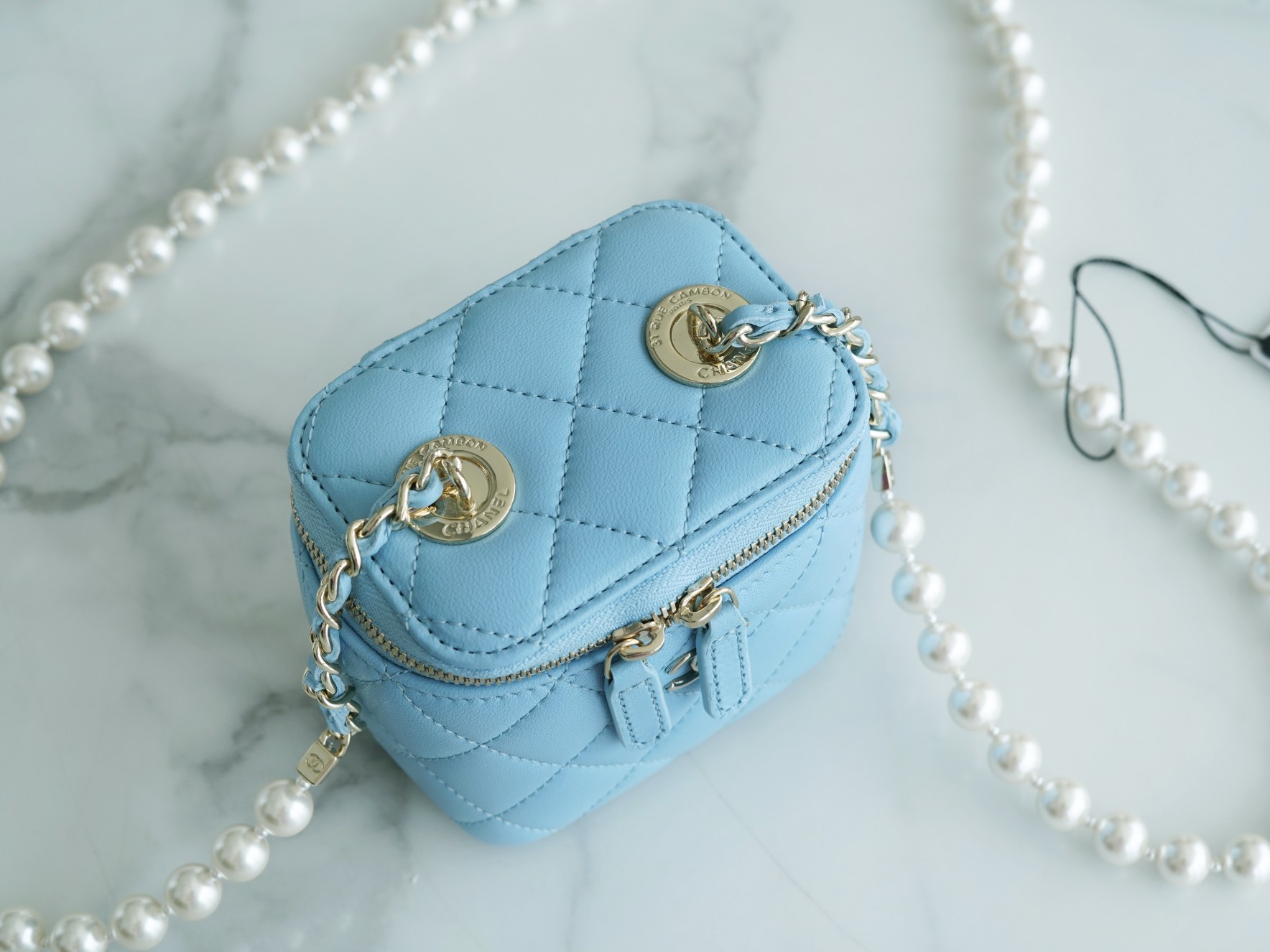 2022 Chanel Pearl Box Bag Light Blue Lambskin  