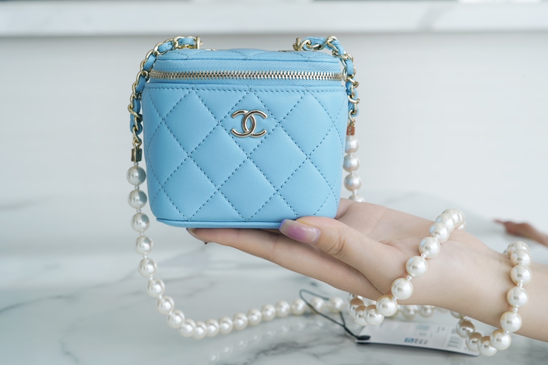 2022 Chanel Pearl Box Bag Light Blue Lambskin  