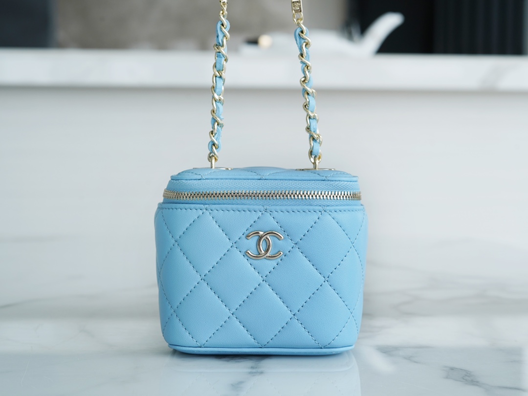 2022 Chanel Pearl Box Bag Light Blue Lambskin  