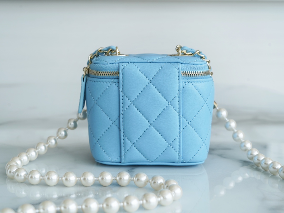 2022 Chanel Pearl Box Bag Light Blue Lambskin  