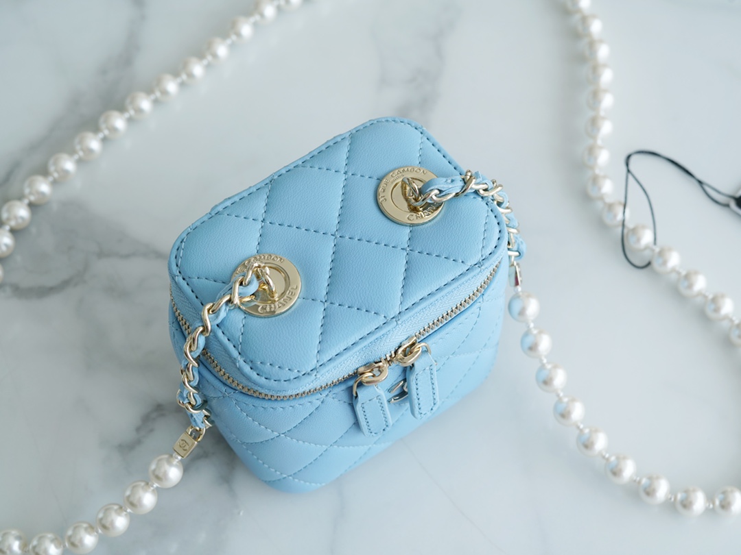 2022 Chanel Pearl Box Bag Light Blue Lambskin  