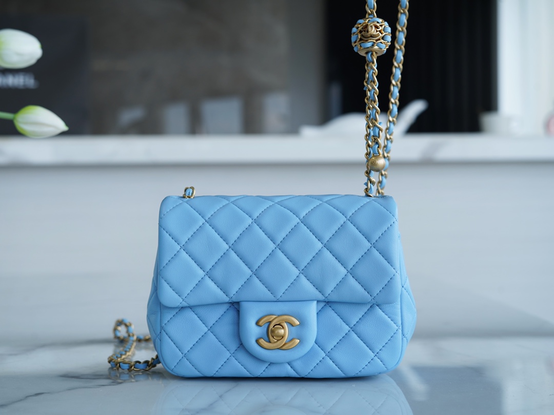 Chanel 22S Woven Gold Ball Square Fatty Sky Blue Lambskin  