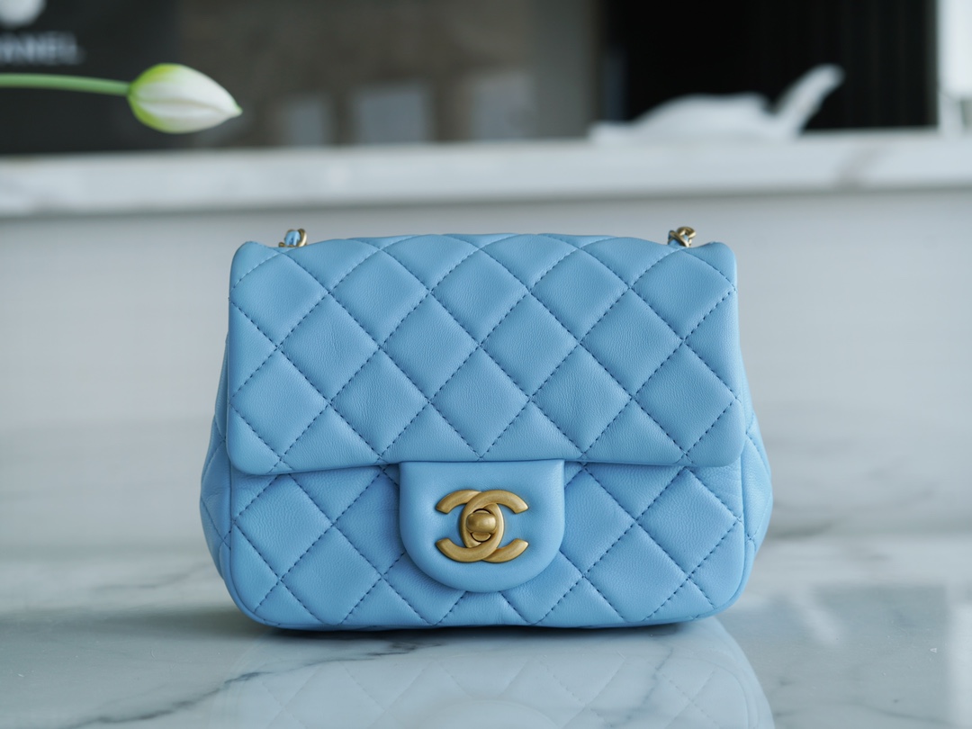 Chanel 22S Woven Gold Ball Square Fatty Sky Blue Lambskin  