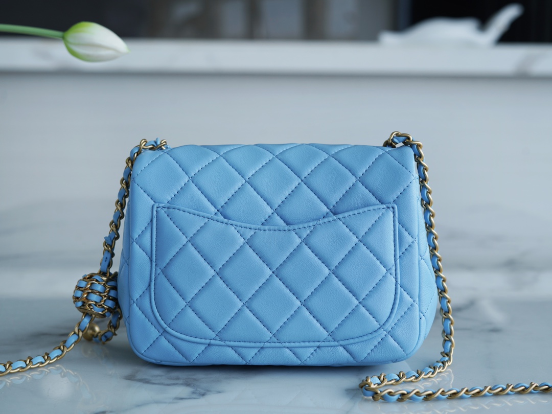 Chanel 22S Woven Gold Ball Square Fatty Sky Blue Lambskin  