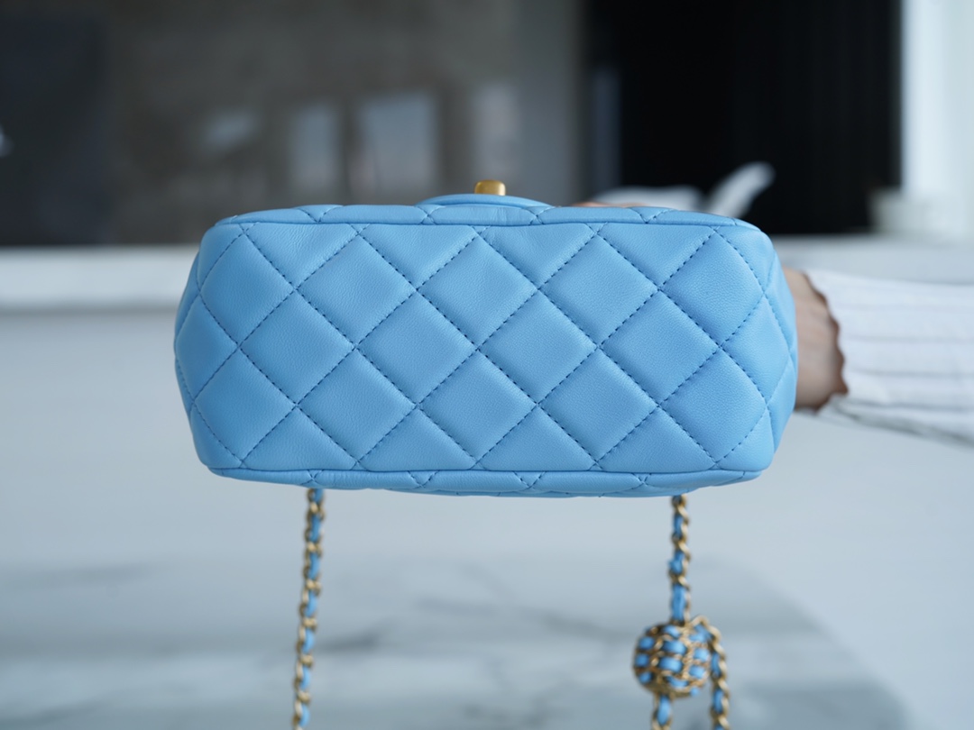 Chanel 22S Woven Gold Ball Square Fatty Sky Blue Lambskin  