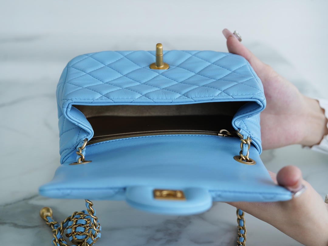 Chanel 22S Woven Gold Ball Square Fatty Sky Blue Lambskin  