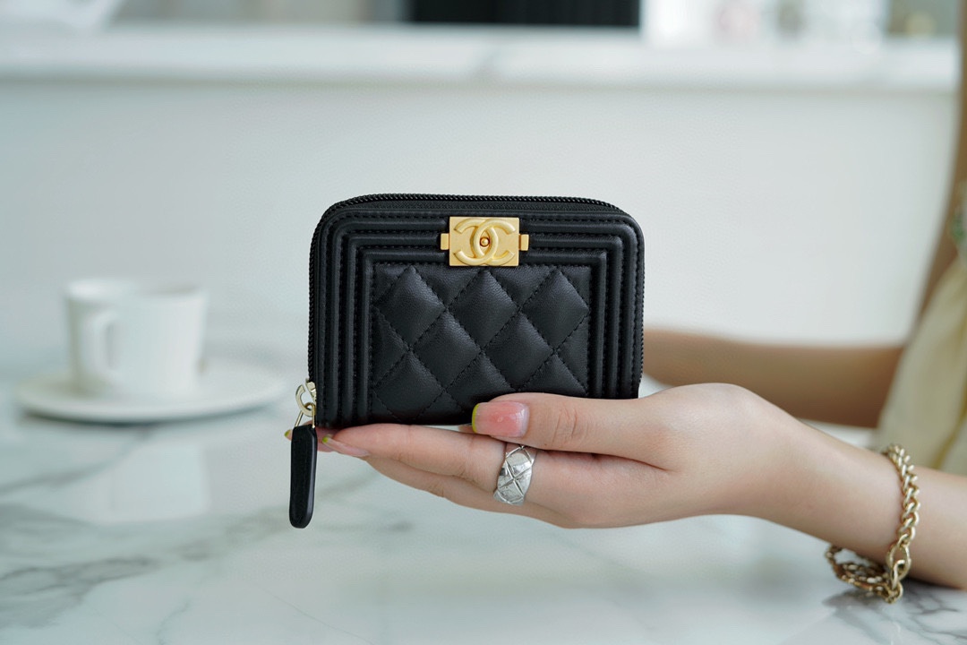 Chanel Leboy Series Zipper Coin Card Holder Black Gold Lambskin  