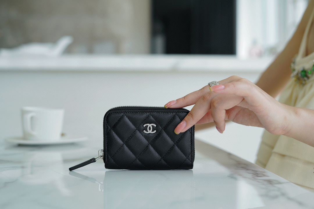 Chanel CF Series Zipper Coin Card Holder Black Silver Fine Grain Embossed Calfskin  