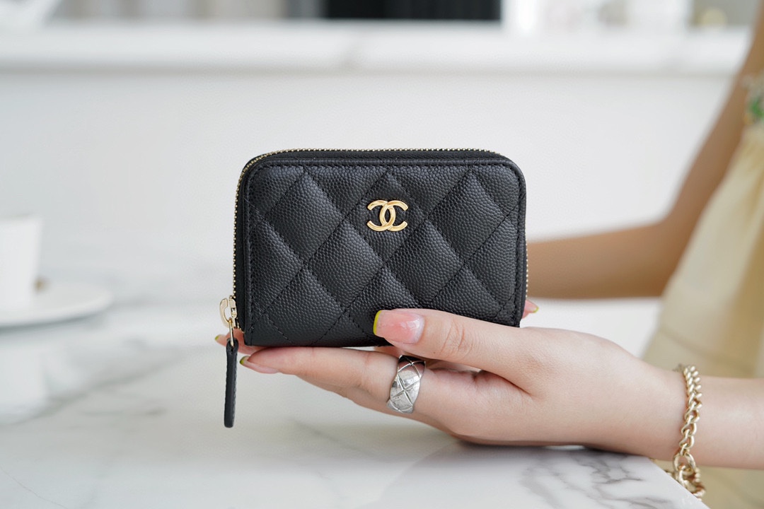 Chanel CF Series Zipper Coin Card Holder Black Gold Fine Grain Embossed Calfskin  