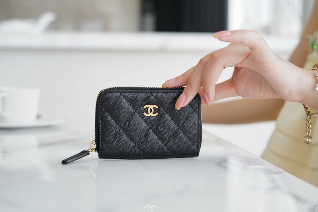 Chanel CF Series Zipper Coin Card Holder Black Gold Fine Grain Embossed Calfskin  