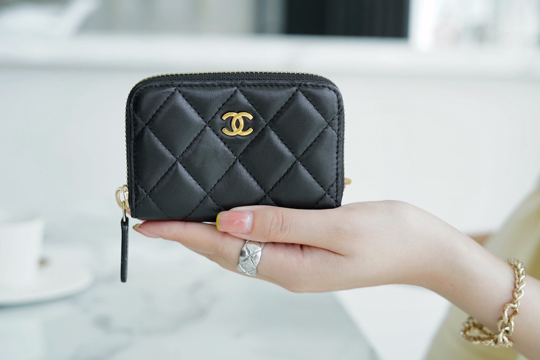 Chanel CF Series Zipper Coin Card Holder Black Gold Lambskin  