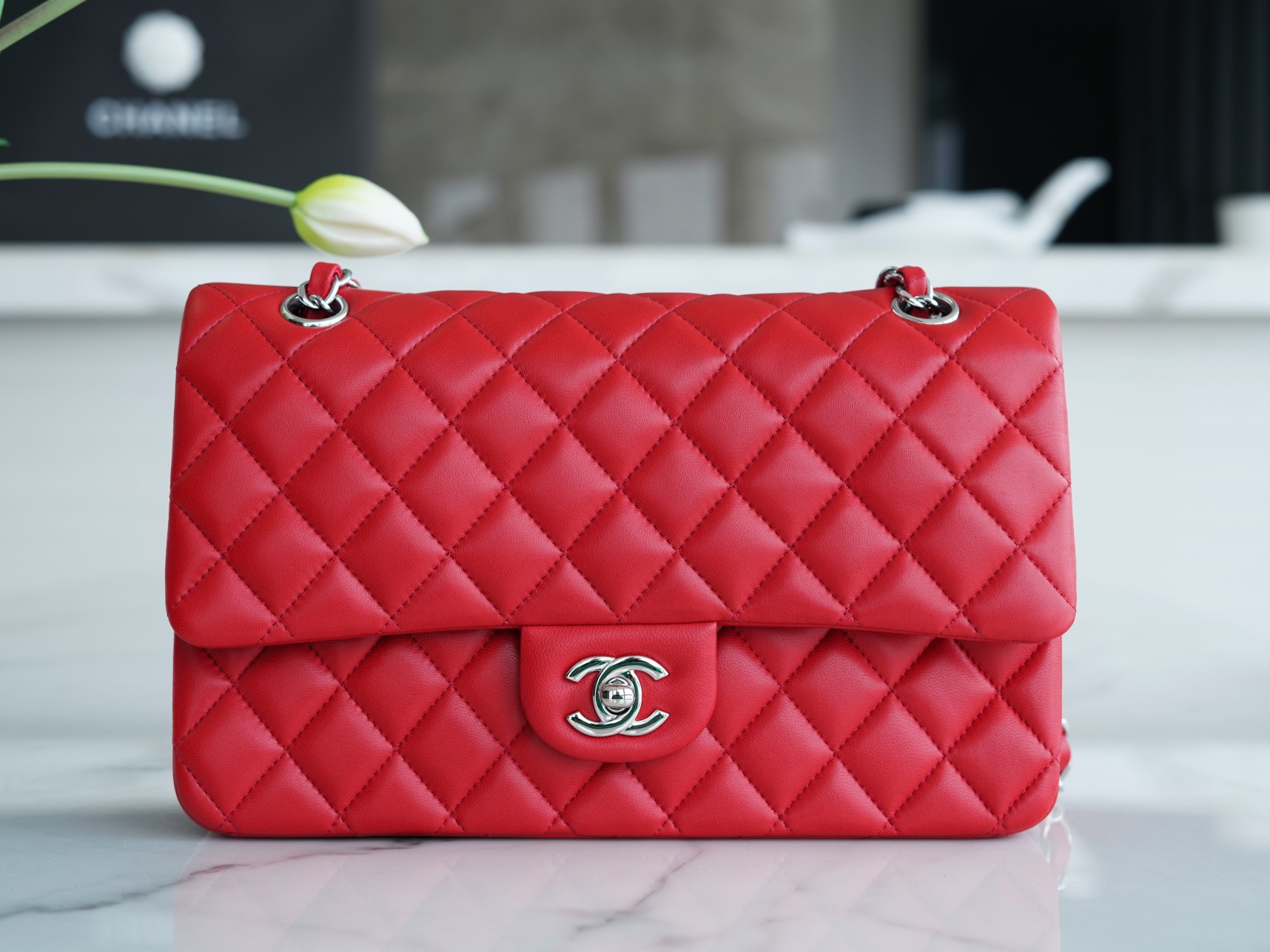 CF Classic Flap Medium Classic Flap Bag Bright Red Lambskin  