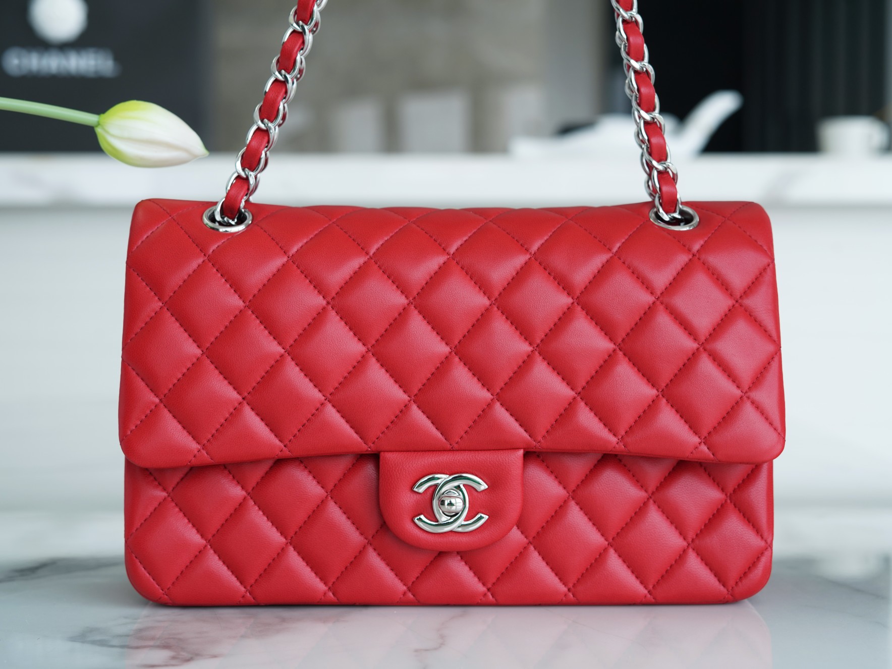 CF Classic Flap Medium Classic Flap Bag Bright Red Lambskin  