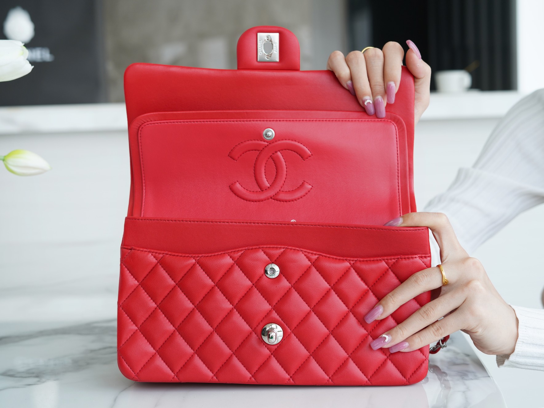 CF Classic Flap Medium Classic Flap Bag Bright Red Lambskin  