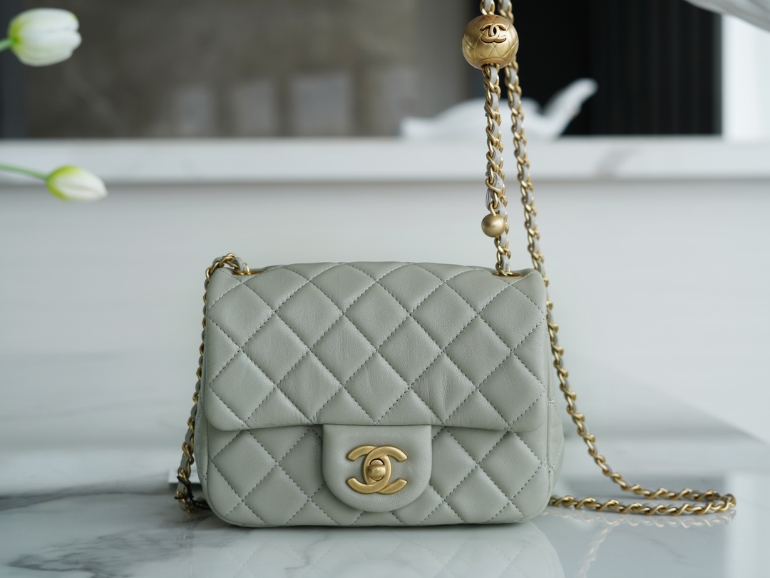 Chanel Metal Ball Square Fatty Gray Green Lambskin  