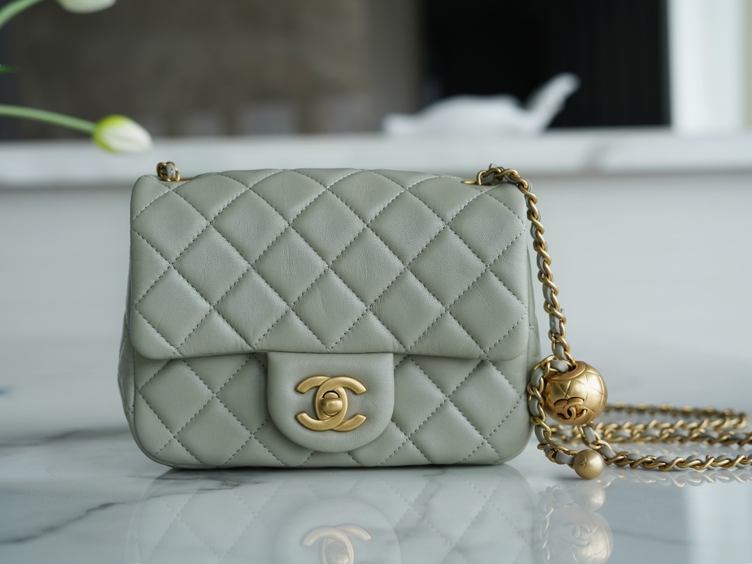 Chanel Metal Ball Square Fatty Gray Green Lambskin  