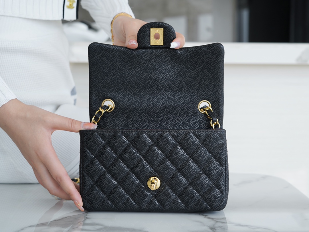 CF Classic Flap Litchi Grain Mini Black Gold Calfskin  