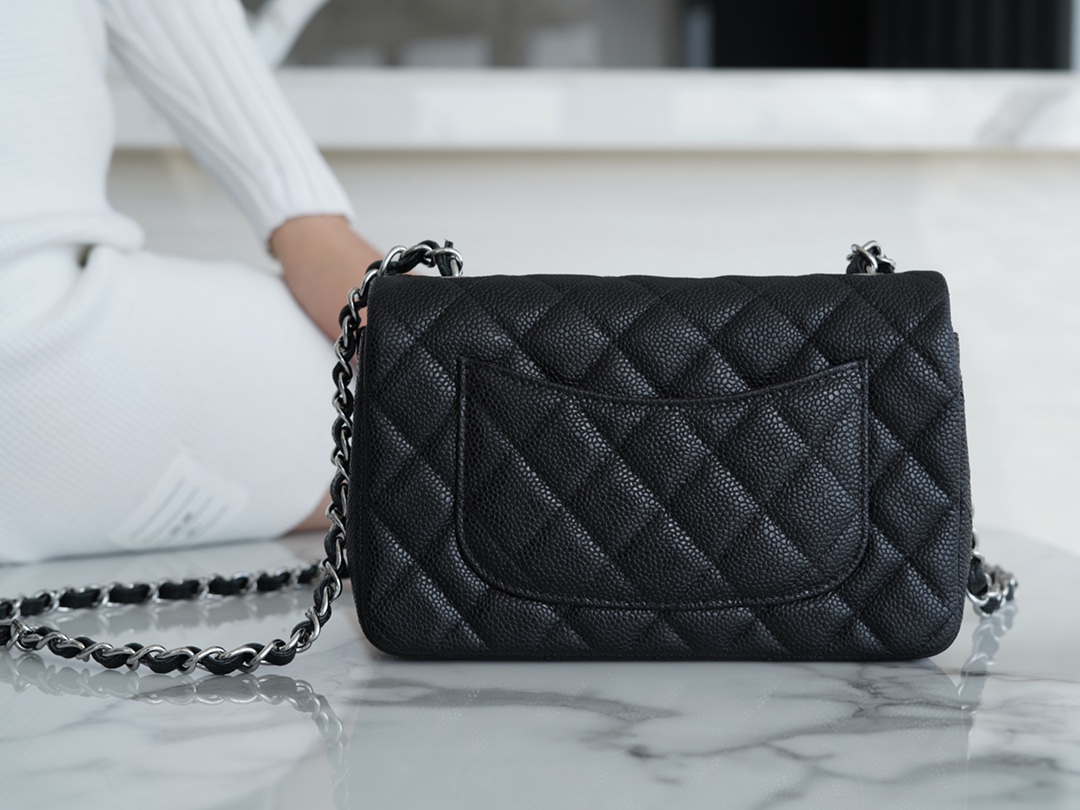 CF Classic Flap Litchi Grain Mini Black Silver Calfskin  