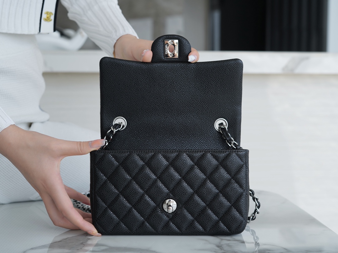 CF Classic Flap Litchi Grain Mini Black Silver Calfskin  