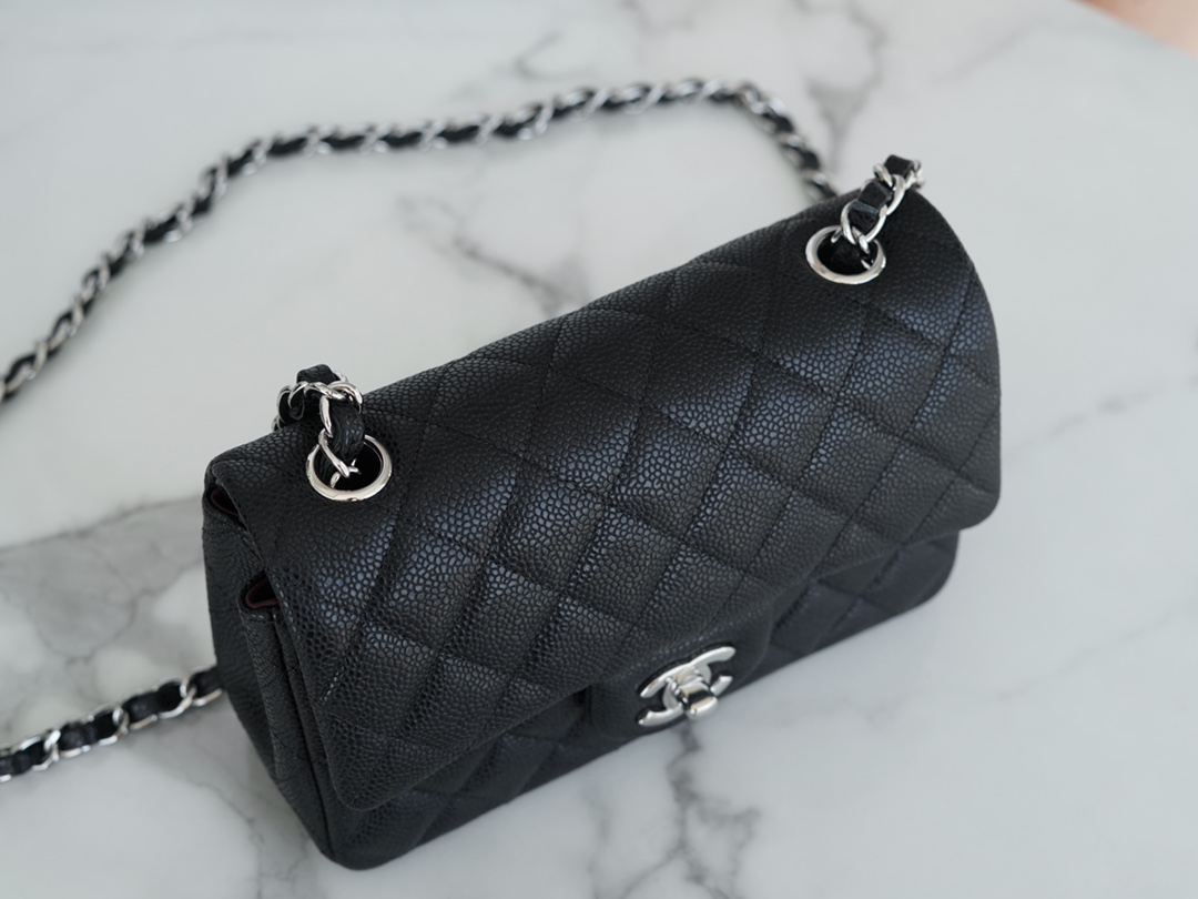 CF Classic Flap Litchi Grain Mini Black Silver Calfskin  