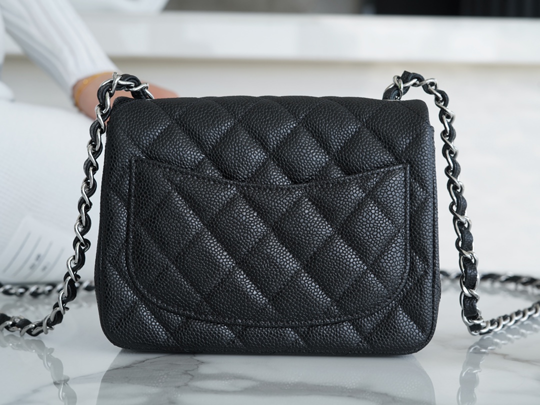 CF Classic Flap Square Fatty Litchi Grain Mini Black Silver  