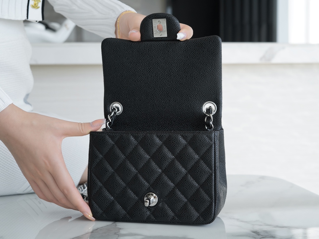 CF Classic Flap Square Fatty Litchi Grain Mini Black Silver  