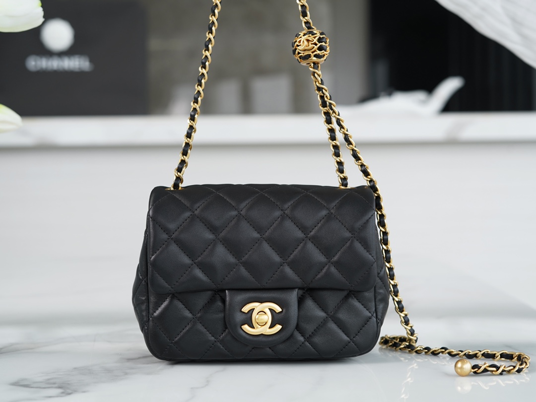 Chanel 22s Woven Gold Ball CF Square Bag Black Lambskin  