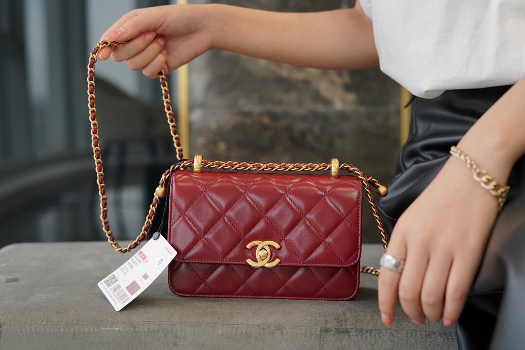 Chanel 2021 Double Gold Ball CF Mini 19cm Burgundy Glossy Calfskin  