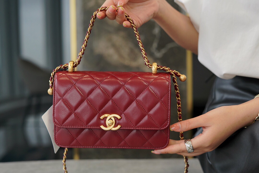 Chanel 2021 Double Gold Ball CF Mini 19cm Burgundy Glossy Calfskin  