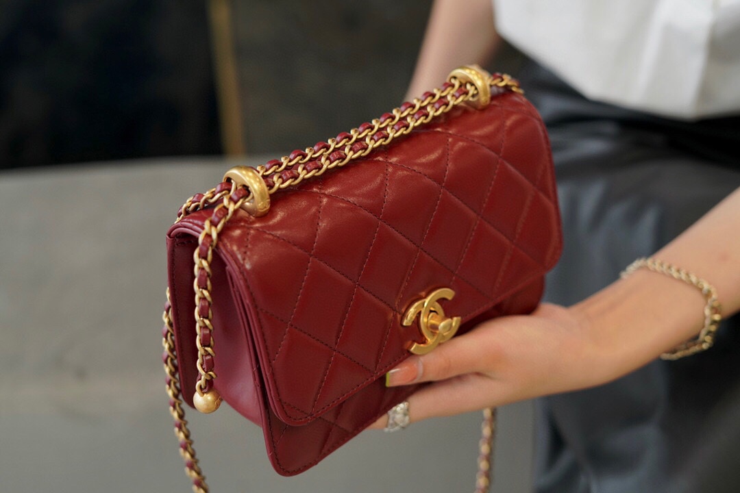 Chanel 2021 Double Gold Ball CF Mini 19cm Burgundy Glossy Calfskin  