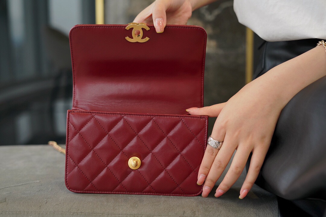 Chanel 2021 Double Gold Ball CF Mini 19cm Burgundy Glossy Calfskin  