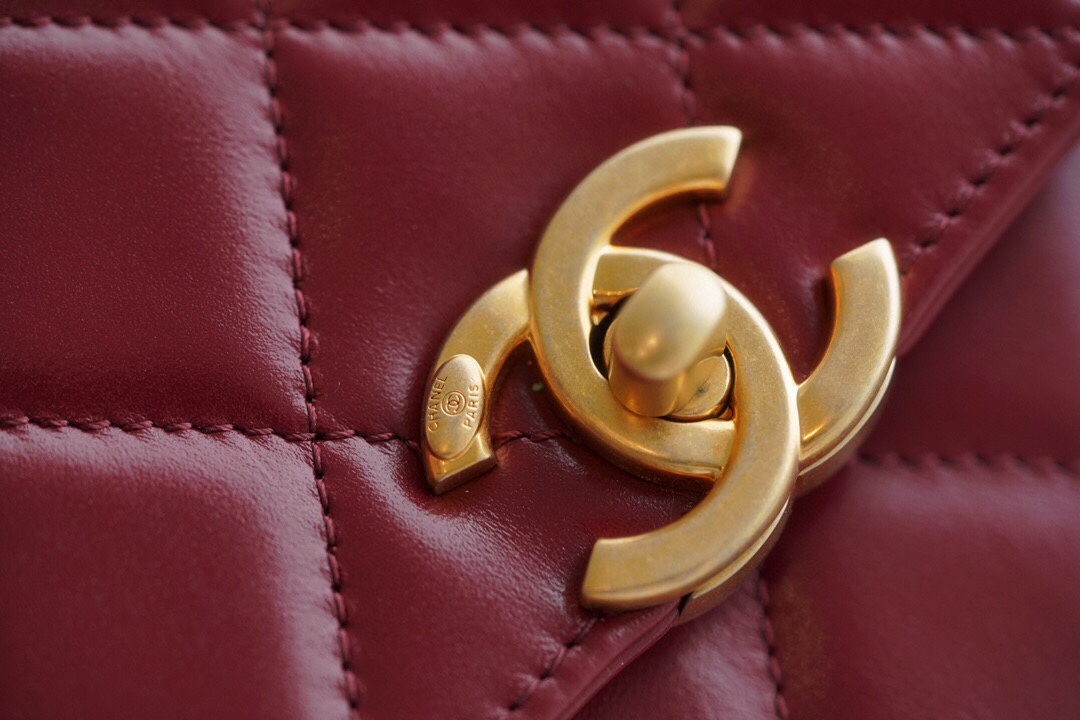 Chanel 2021 Double Gold Ball CF Mini 19cm Burgundy Glossy Calfskin  