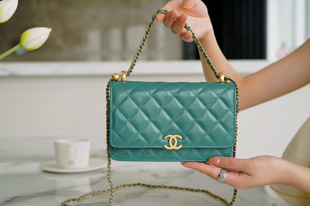 Chanel 2021 Mini Classic Flap in Vintage Green Glossy Calfskin  