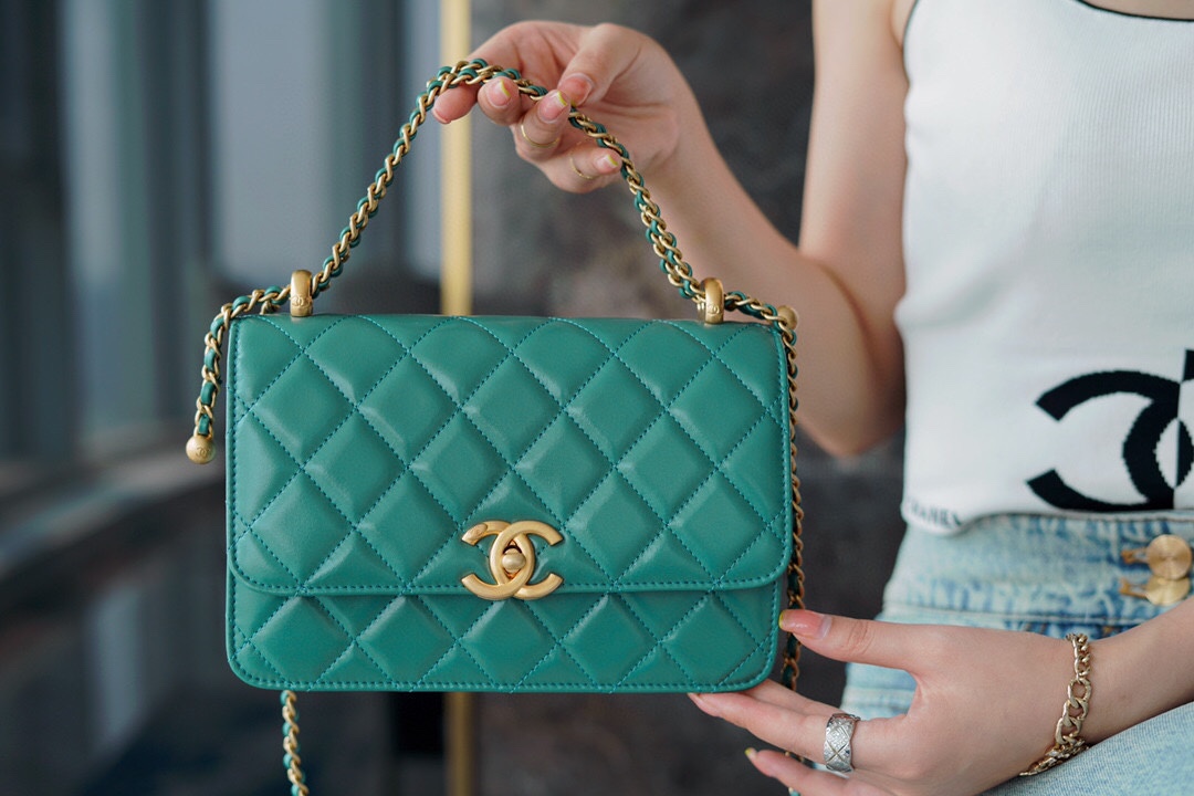 Chanel 2021 Double Gold Ball CF Mini 22cm Peacock Green Calfskin  