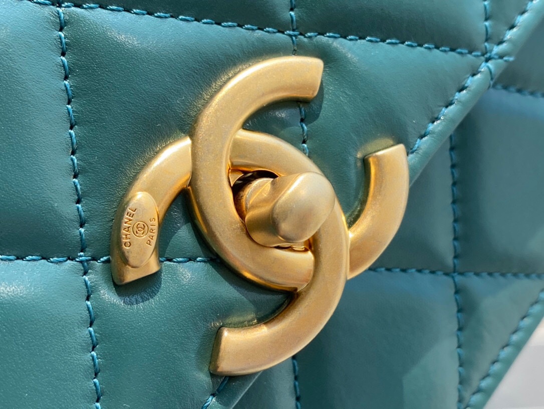 Chanel 2021 Double Gold Ball CF Mini 22cm Peacock Green Calfskin  