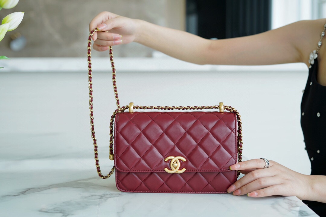 Chanel 2021 Double Gold Ball CF Mini 22cm Burgundy Calfskin  