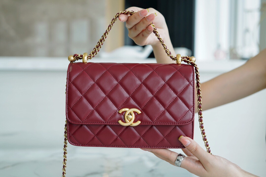 Chanel 2021 Double Gold Ball CF Mini 22cm Burgundy Calfskin  