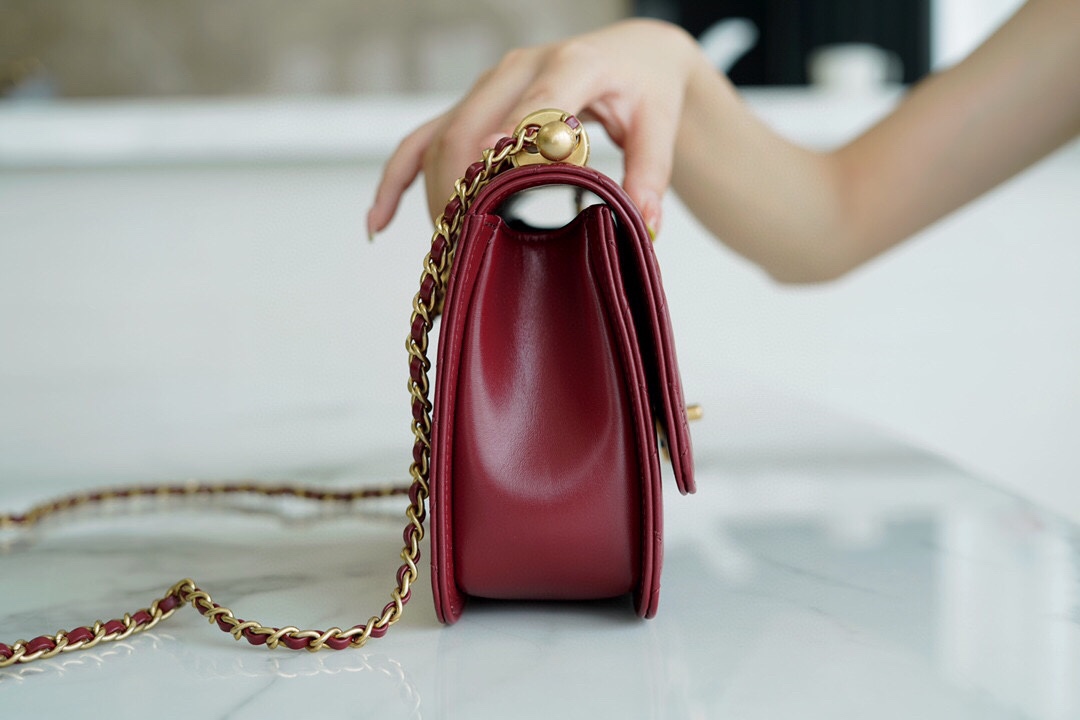 Chanel 2021 Double Gold Ball CF Mini 22cm Burgundy Calfskin  