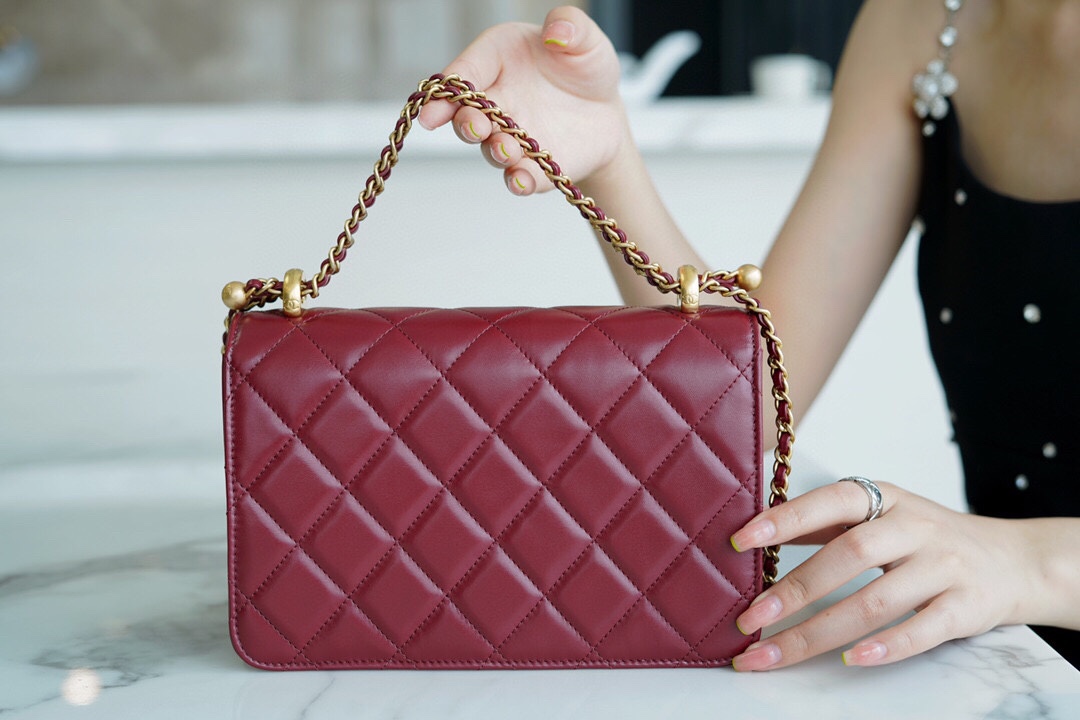 Chanel 2021 Double Gold Ball CF Mini 22cm Burgundy Calfskin  