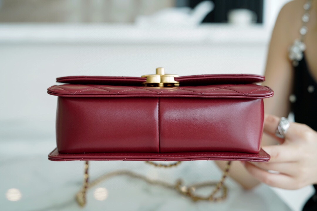 Chanel 2021 Double Gold Ball CF Mini 22cm Burgundy Calfskin  