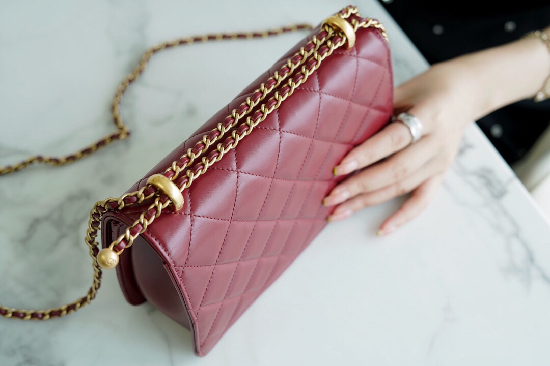 Chanel 2021 Double Gold Ball CF Mini 22cm Burgundy Calfskin  