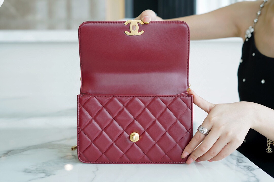 Chanel 2021 Double Gold Ball CF Mini 22cm Burgundy Calfskin  